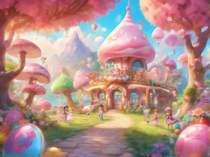 best quality,4k,8k,highres,masterpiece:1.2,ultra-detailed,realistic:1.37,pink candy forest,dreamy,enchanted,magical,whimsical,fairy tale,happiness,sweetness,fantasy,playful,girl in a pink dress,floating cotton candy clouds,chocolate trees with candy leaves...