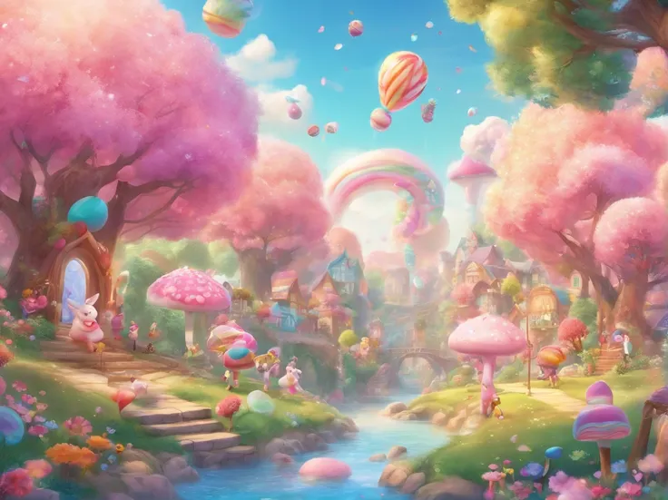 best quality,4k,8k,highres,masterpiece:1.2,ultra-detailed,realistic:1.37,pink candy forest,dreamy,enchanted,magical,whimsical,fairy tale,happiness,sweetness,fantasy,playful,girl in a pink dress,floating cotton candy clouds,chocolate trees with candy leaves...