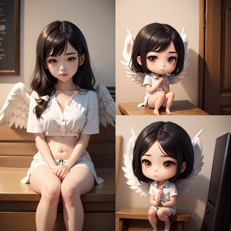 ​masterpiece、top-quality、ultra-detailliert、(Chibi Man:1.2)、Black hair belly short、White Shirt Blouse、Angel wings、studio、Sit with your knees