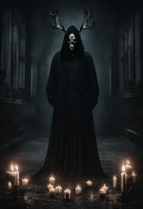 (a person wearing a black hooded robe and a satanic deer skull,a wax candle),(best quality,highres,gloomy,horror,satanic,dark color scheme),dimly lit background,gloomy atmosphere,flickering candle light,creepy vibes,detailed robe texture,dark and mysteriou...