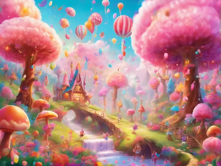 best quality,4k,8k,highres,masterpiece:1.2,ultra-detailed,realistic:1.37,pink candy forest,dreamy,enchanted,magical,whimsical,fairy tale,happiness,sweetness,fantasy,playful,girl in a pink dress,floating cotton candy clouds,chocolate trees with candy leaves...