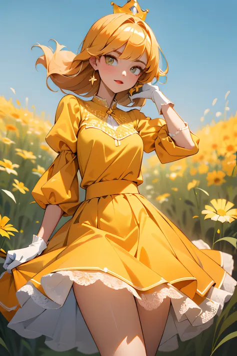 masterpiece,best quality, 1girl, cowboy shot, yellow top with puffed sleeves and an orange skirt, white gloves, yellow shoes, an...