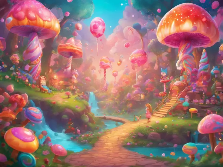 best quality,4k,8k,highres,masterpiece:1.2,ultra-detailed,realistic:1.37,pink candy forest,dreamy,enchanted,magical,whimsical,fairy tale,happiness,sweetness,fantasy,playful,girl in a pink dress,floating cotton candy clouds,chocolate trees with candy leaves...