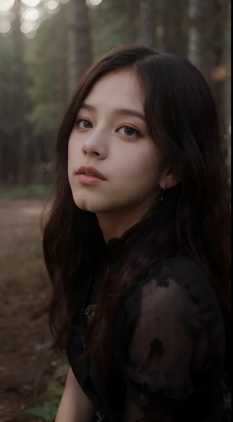 ((Jisoo Blackpink)), lace earrings, dress, black tights to the waist, close-up of thighs to face, shot from below, very light skin, very long hair, wavy hair, Camping, Forest, photorealistic, Lighting indirect, volumetric light, line tracking ray, hyper-de...