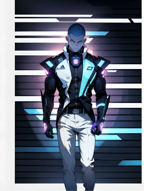 A man with a crew cut, a calm and rational expression, a wise gaze, wears a futuristic scientists coat, primarily in shades of white, accented by touches of blue and purple, matching utility pants, standing in a mysterious laboratory of an ancient and adva...