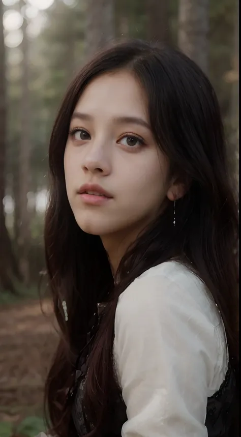 ((Jisoo Blackpink)), lace earrings, dress, black tights to the waist, close-up of thighs to face, shot from below, very light skin, very long hair, wavy hair, Camping, Forest, photorealistic, Lighting indirect, volumetric light, line tracking ray, hyper-de...