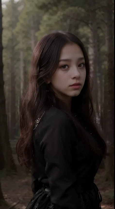 ((Jisoo Blackpink)), lace earrings, dress, black tights to the waist, close-up of thighs to face, shot from below, very light skin, very long hair, wavy hair, Camping, Forest, photorealistic, Lighting indirect, volumetric light, line tracking ray, hyper-de...