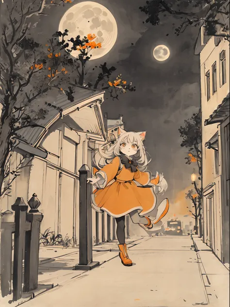 cat, orange, cute, big eyes, masterpiece, full moon, skyscrapers, street