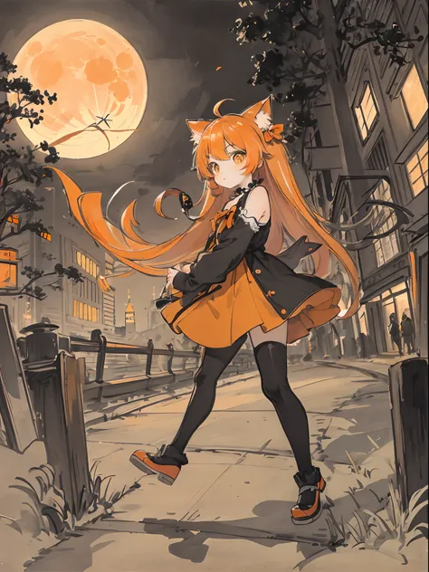 cat, orange, cute, big eyes, masterpiece, full moon, skyscrapers, street