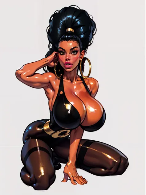 close up, ((masterpiece)),(((best quality))),((character)), ((full body view)) ((black woman)) ((akinhead)) ((seductive pose)) mature face, defined cheekbones, high cheekbones, illustration, girl, muscular, (shiny head:1.4)), sexy bimbo, (gigantic breasts:...