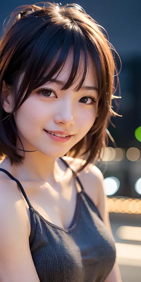 1girl, Tokyo street,night, cityscape,city lights,upper body,close-up,smile,, (8k, RAW photo, best quality, masterpiece:1.2),(realistic, photo-realistic:1.37),