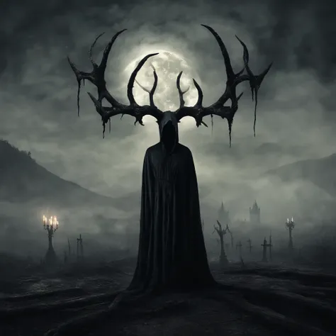 (best quality,4k,8k,highres,masterpiece:1.2),ultra-detailed,(realistic,photorealistic,photo-realistic:1.37),horror,dark,occult,gloomy,color scheme,night time,shadowy,gloomy,ominous atmosphere,A person wearing a deer skull on their head,black robe,candle,bu...