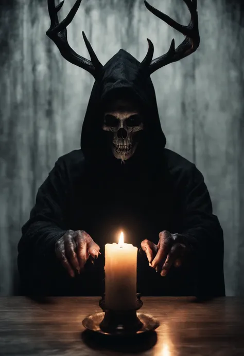 (a person wearing a black hooded robe and a satanic deer skull,a wax candle),(best quality,highres,gloomy,horror,satanic,dark color scheme),dimly lit background,gloomy atmosphere,flickering candle light,creepy vibes,detailed robe texture,dark and mysteriou...