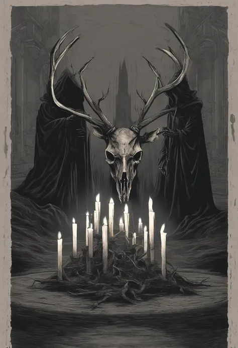 (a person wearing a black hooded robe and a satanic deer skull,a wax candle),(best quality,highres,gloomy,horror,satanic,dark color scheme),dimly lit background,gloomy atmosphere,flickering candle light,creepy vibes,detailed robe texture,dark and mysteriou...