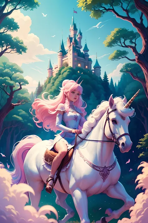 a cartoon girl riding a unicorn through a forest with a castle in the background, riding a unicorn, jen bartel, fairy-tale illustration style, colorful kids book illustration, fairytale illustration, fairytale artwork, woman riding a flying unicorn, colorf...