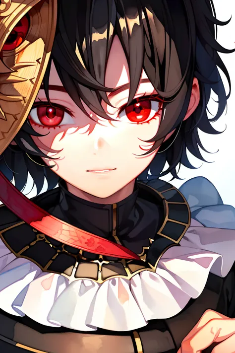 (masterpiece:1.2, best quality), (finely detailed beautiful eyes: 1.2), ((1boy)), ((solo)), (red eyes:1.4), (black mask), (finely detailed eyes and detailed face:1.3), short black hair, (white background:1.2), (extremely detailed CG, ultra-detailed, best s...