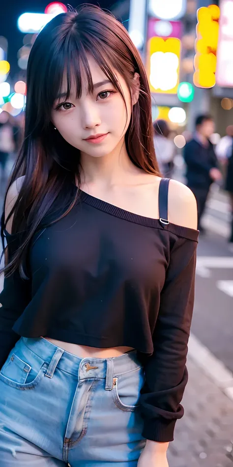 1girl, Tokyo street,night, cityscape,city lights,upper body,close-up,smile,, (8k, RAW photo, best quality, masterpiece:1.2),(realistic, photo-realistic:1.37),