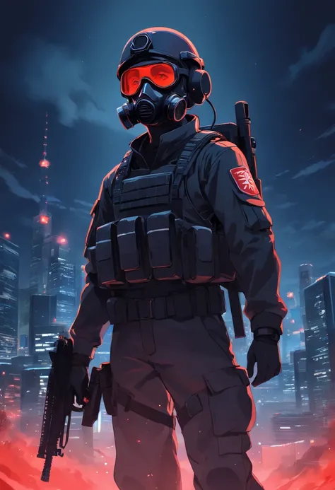 portrait of spec ops soldier scp complex, dark background, black uniform, gas mask, tactical equipment, red moon in the background, red moon, red moon behind the character,