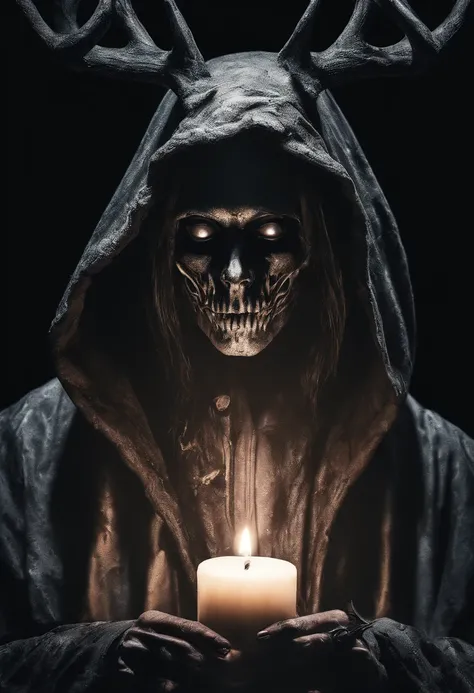 (a person wearing a black hooded robe and a satanic deer skull,holding a wax candle, looking down away from viewer),(best quality,highres,gloomy,horror,satanic,dark color scheme),dimly lit background,gloomy atmosphere,flickering candle light,creepy vibes,d...