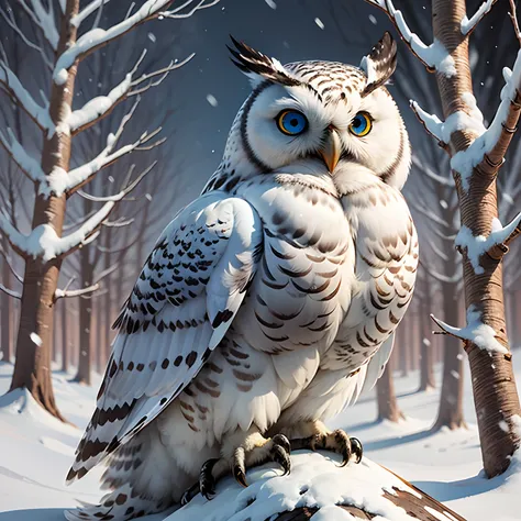 Cute, snowy owl, blue eyes, scenery, fantasy, white background, ink