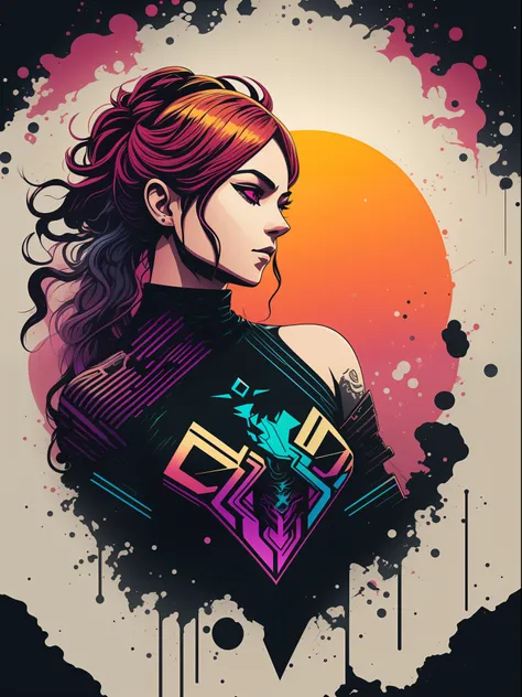 freyja, 2D t-shirt art, Cyberpunk, epic illustration, vector, 2d illustration, black background, very colorful, full gradient modern colors, Focused, front view