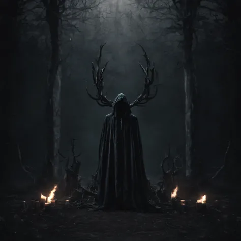 (best quality,4k,8k,highres,masterpiece:1.2),ultra-detailed,(realistic,photorealistic,photo-realistic:1.37),horror,dark,occult,gloomy,color scheme,night time,shadowy,gloomy,ominous atmosphere,A person wearing a deer skull on their head,black robe,candle,bu...