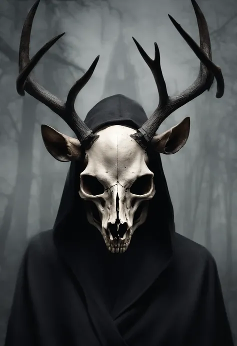 (a person wearing a black hooded robe and a satanic deer skull,a wax candle),(best quality,highres,gloomy,horror,satanic,dark color scheme),dimly lit background,gloomy atmosphere,flickering candle light,creepy vibes,detailed robe texture,dark and mysteriou...