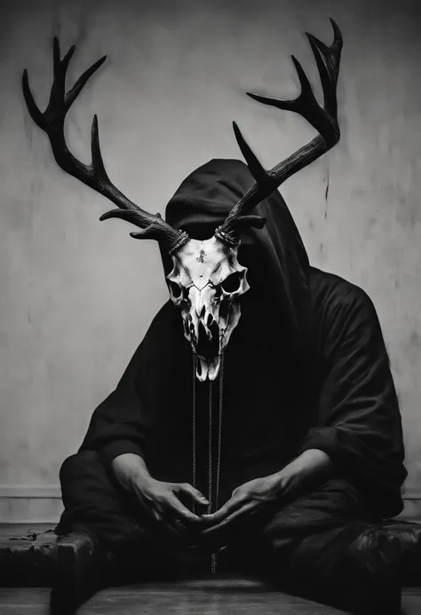 (a person wearing a black hooded robe and a satanic deer skull,a wax candle),(best quality,highres,gloomy,horror,satanic,dark color scheme),dimly lit background,gloomy atmosphere,flickering candle light,creepy vibes,detailed robe texture,dark and mysteriou...