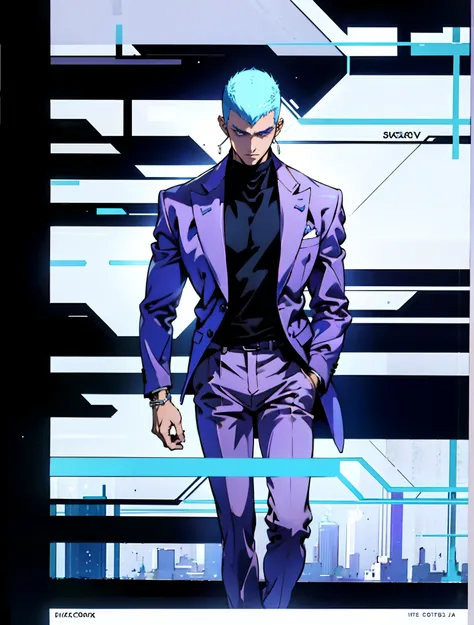 A man with a crew cut, a calm and rational expression, a wise gaze, wears a futuristic scientists coat, primarily in shades of white, accented by touches of blue and purple, matching utility pants, standing in a mysterious laboratory of an ancient and adva...