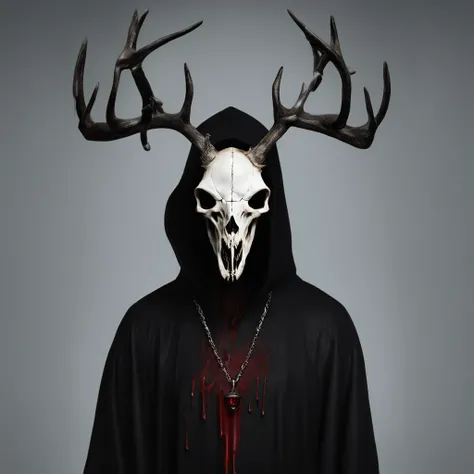 (a person wearing a black hooded robe and a satanic deer skull,a wax candle),(best quality,highres,gloomy,horror,satanic,dark color scheme),dimly lit background,gloomy atmosphere,flickering candle light,creepy vibes,detailed robe texture,dark and mysteriou...