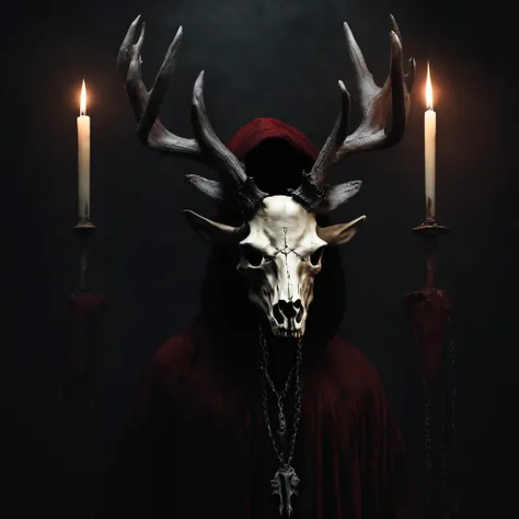 (a person wearing a black hooded robe and a satanic deer skull,a wax candle),(best quality,highres,gloomy,horror,satanic,dark color scheme),dimly lit background,gloomy atmosphere,flickering candle light,creepy vibes,detailed robe texture,dark and mysteriou...