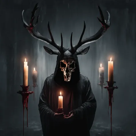 (a person wearing a black hooded robe and a satanic deer skull,a wax candle),(best quality,highres,gloomy,horror,satanic,dark color scheme),dimly lit background,gloomy atmosphere,flickering candle light,creepy vibes,detailed robe texture,dark and mysteriou...