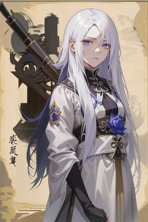 gutaussehender Mann，Elegante chinesische schwarze Kleidung，Long white hair，Violett Farbe Augen，Der Ausdruck war melancholisch，Das Kinn hat eine Kontur，8k resolution，Grandmaster，Langwaffe in der Hand，Das Haar war lang