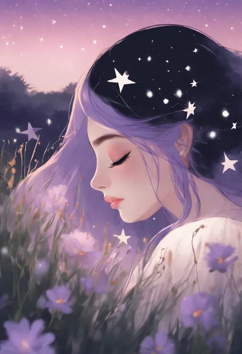 ((master part,best quality)),(negative space:1.4),(1girl, sozinho:1.4),belos olhos detalhados,cabelo rosa pastel flutuante e lavanda, olhos de lavanda, at night, Starry sky, estrelas brilhando