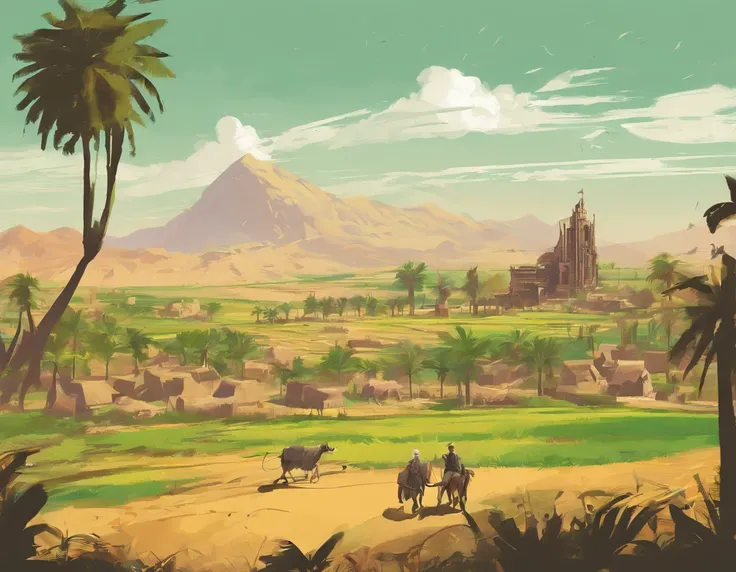 A sprawling farm in ancient Persia, with lush green fields and towering palm trees, but all is not well. A wealthy man, his face twisted in rage, towers over a poor farmer, who cowers in fear and sorrow.