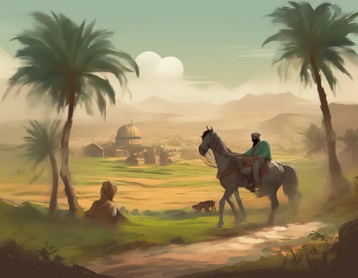 A sprawling farm in ancient Persia, with lush green fields and towering palm trees, but all is not well. A wealthy man, his face twisted in rage, towers over a poor farmer, who cowers in fear and sorrow.