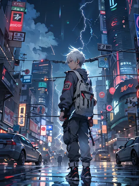 1boy,(a 13 yo boy:1.5)、Cyberpunk Boy、silber hair、Spiky hairstyle、machine gun、Japan sword on the back、Whole body bloody、Upper body only shots、Overhead view of the composition、The beginning of the adventure、Lots of clouds,heavy fog、Moon,(lightning:1.5)、Chaot...