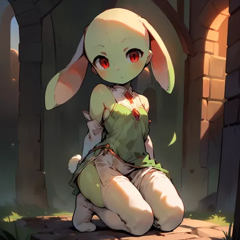 Best quality，Masterpiece，(byself)，((，White tights，White knee-length socks，))，Sit on your knees，（bit girl)，((bald-headed，rabbit Facial Features，rabbit Body Features，Erect ears))，red eyes，（bunny tail），((Pale green body))，Medieval execution site background