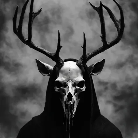 (a person wearing a black hooded robe and a satanic deer skull,a wax candle),(best quality,highres,gloomy,horror,satanic,dark color scheme),dimly lit background,gloomy atmosphere,flickering candle light,creepy vibes,detailed robe texture,dark and mysteriou...