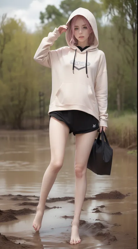 (full body portrait:1.3),dynamic pose,1girl,pale skin,pink hair,delicate face,heterochromia eyes,freckles,(black baggy hoodie:1.3,muddy barefoot:1.3),(thigh gap:1.3,thighs:1.3,one hip up:1.3),(best quality:1.2,ultra-detailed,realistic:1.37),soft colors,pol...