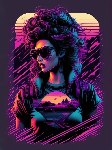 synthwave woman with glasses, vector logo sticker, masterwork, manga pulp style, flat shading, solid background color, t-shirt design