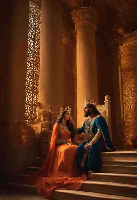 Describe a picture of King Solomon and his queen in the palace: