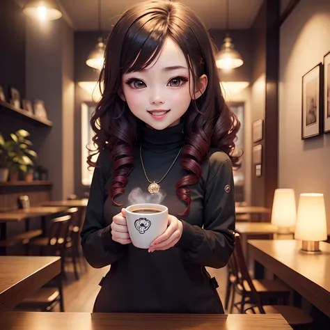 ​masterpiece、top-quality、ultra-detailliert、(Chibis daughter:1.2)、(Chibi Chara:1.1)、wraith、Curly hair、Open your mouth and smile、Chibi Cafe、Holding a cup of coffee in your hand、Dimly lit interior