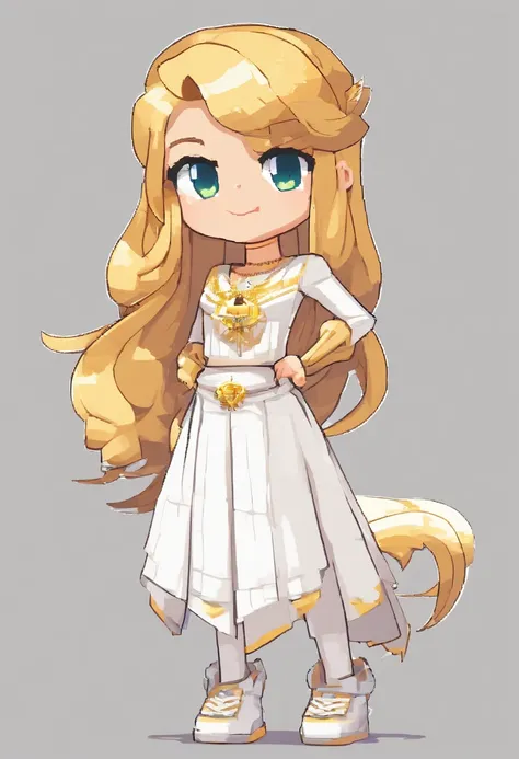 character concept art, white background, full body, semi-realistic, 1 girl, long wavy golden hair, long-sleeved white cropped top, exposed shoulders, golden necklace with star pendant, white pants, golden skirt, white sneakers , 17 years old, extremely bea...