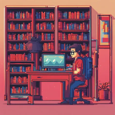 Cute kids working in front of computer，wears glasses, Red, Blue, Pink, Sit in your room，One guy，Lots of books and bookshelves in the room，Side view clearly shows the side face