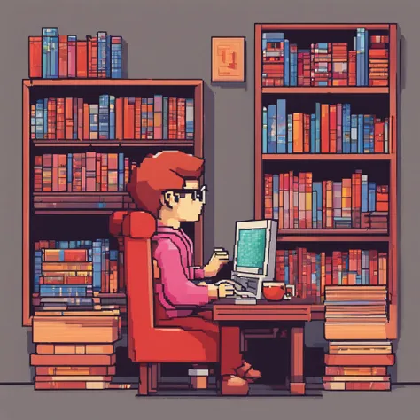 Cute kids working in front of computer，wears glasses, Red, Blue, Pink, Sit in your room，One guy，Lots of books and bookshelves in the room，Side view clearly shows the side face