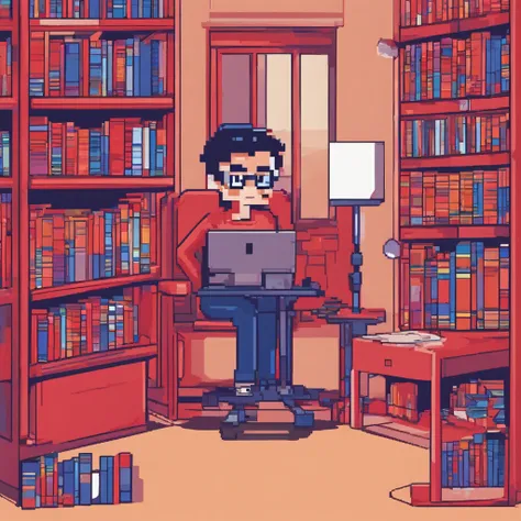 Cute kids working in front of computer，wears glasses, Red, Blue, Pink, Sit in your room，One guy，Lots of books and bookshelves in the room，Side view clearly shows the side face