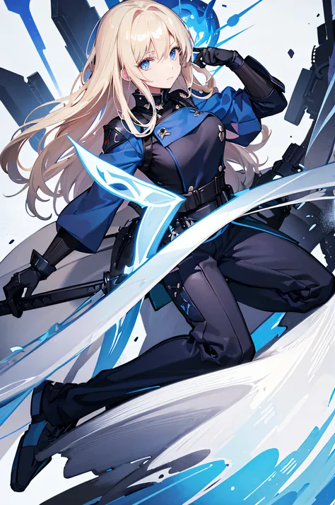 4K,hight resolution,One Woman,a blond,Light blue eyes,swordsmen,Navy blue military dress,Dark blue heavy armor,Dark blue military pants,long gloves of black color,Longsword