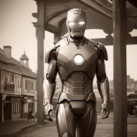 (best quality,4k,8k,highres,masterpiece:1.2), (classical), (historical), (Sepia tone), (noise), ultra-detailed, realistic:1.37, full body shot, Iron Man In the middle of town in 1924, old-fashioned, ancient atmosphere, vintage color tone, soft lighting, gr...