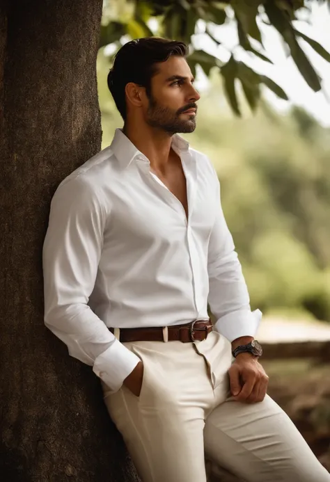 Arafed man leaning against a tree in white shirt, homem bonito, vestido com camisa branca, Macho bonito, bonito e atraente, masculino e bonito, bonito e elegante